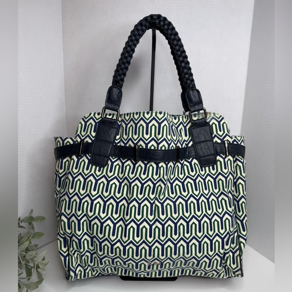 R + J Boho Painted Canvas Large Tote Bag Green & Blue, Thick Braided Handles